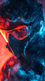 Cyberpunk respirator portrait under neon smoke glow.