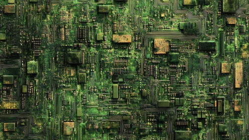 Emerald motherboard maze glows with dense electronic pathways