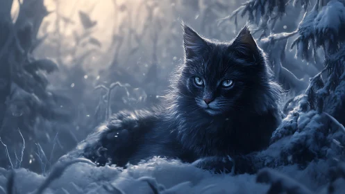Black Cat in Frozen Winter Forest Landscape.