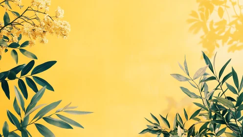 Green leaves and yellow blossoms on bright yellow background.