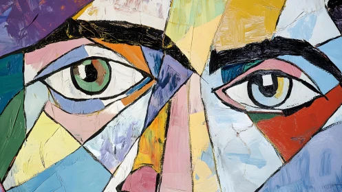 Abstract Cubist Portrait Close-Up with Vivid Colors and Bold Brushstrokes.