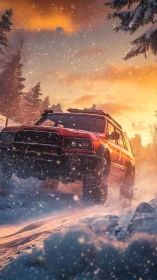 Crimson off‑roader storms a glowing winter mountainscape.