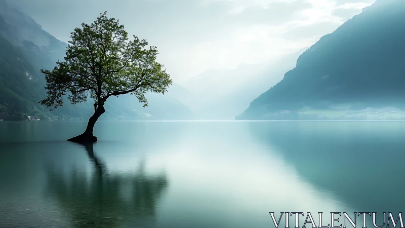 Solitary lakeside tree in misty Alpine morning light.