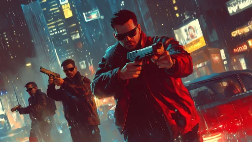 Midnight city showdown with determined street vigilantes.