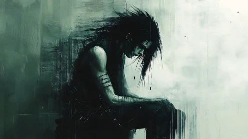 Solitary figure sits in profile within desaturated abstract field