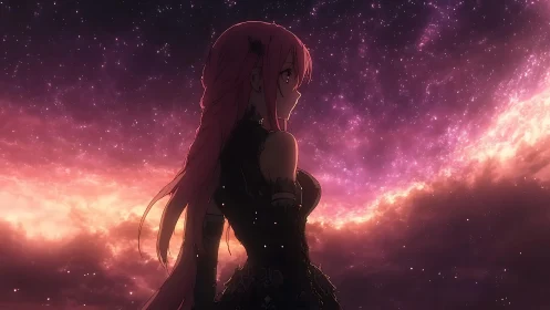 Side-lit anime girl silhouetted against dense magenta galactic nebula