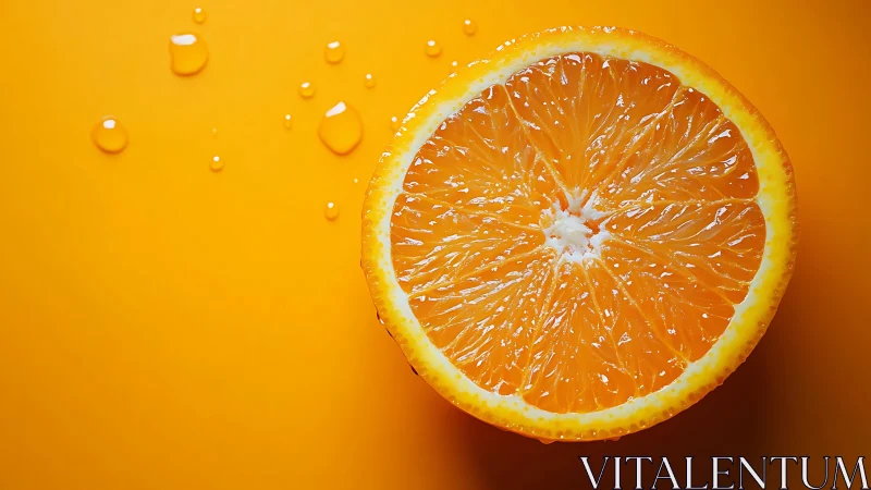 Citrus cross-section with macro droplet reflections on orange field.