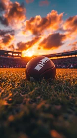 Sunlit football rests on vivid turf before glowing sunset.