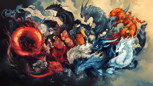 Elemental tailed beasts spiral around rival ninja destinies.