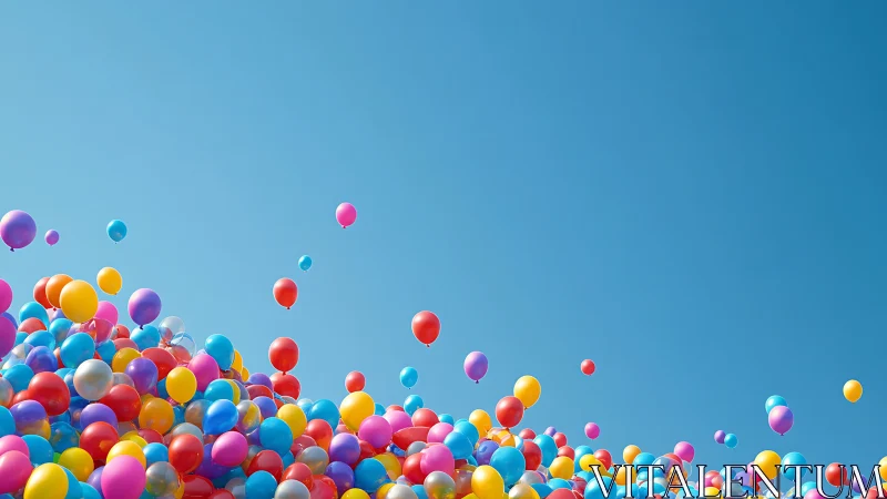 Chromatic helium balloons rising against expansive blue sky.