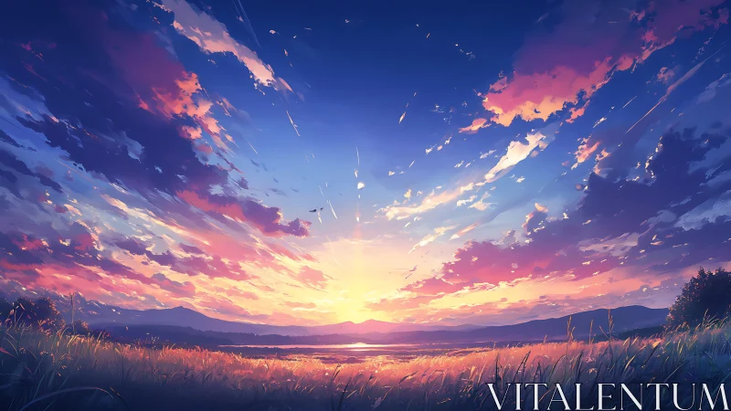 Sunset sky ignites over tranquil lakeside grassland field.