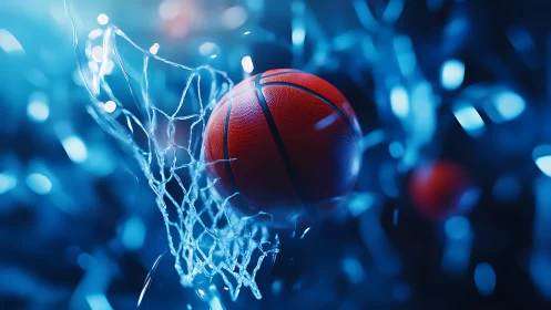 Basketball swishes through net amid dynamic blue bokeh light