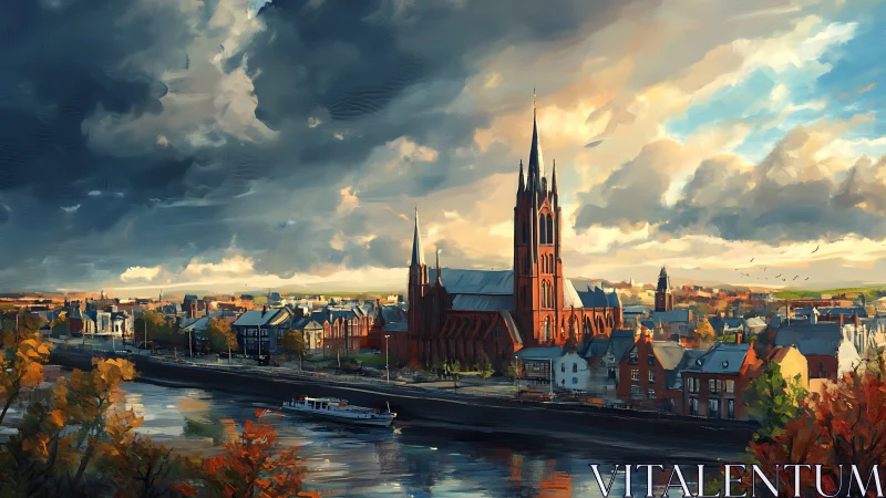 Riverside town skyline shows cathedral under dramatic clouds