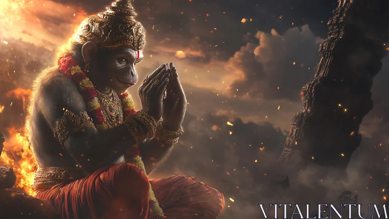 Serene monkey deity glowing softly amid swirling embers.
