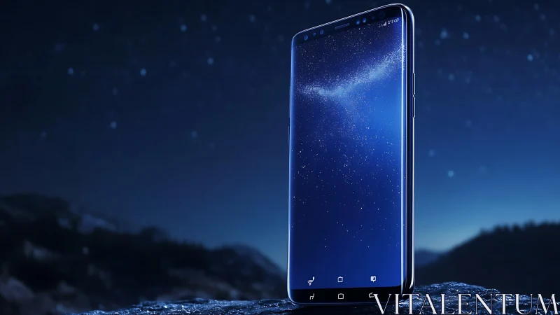Star-drenched smartphone rising beneath a midnight cosmos.