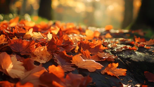 Photorealistic autumn leaf carpet with shallow-focus lighting.