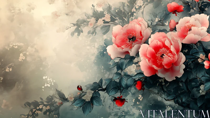 Red Peonies in Soft Morning Light with Botanical Garden Setting