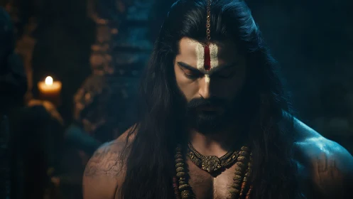 Long haired man with tilak meditates in dim temple light