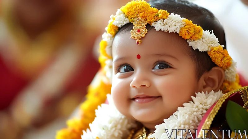 Child Wearing Floral Headdress and Traditional Garland Decoration