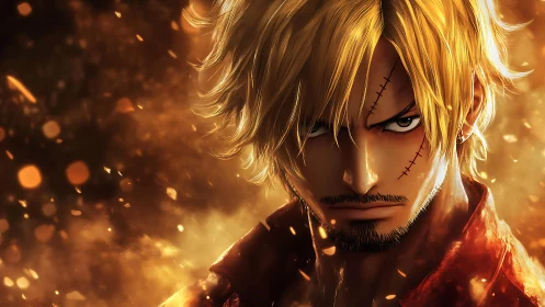 Scarred anime warrior amid blazing golden embers.