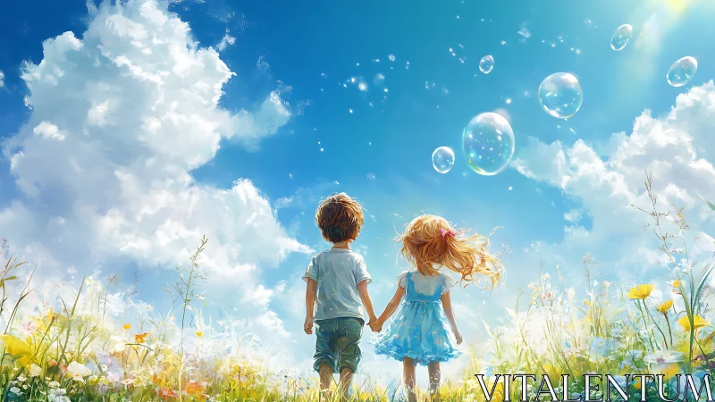 Two Children Holding Hands in Flower Meadow with Iridescent Soap Bubbles