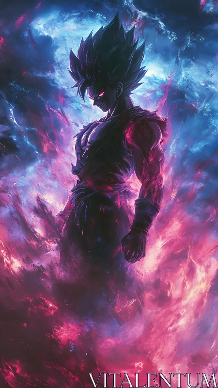 Cosmic warrior silhouette in neon inferno energy field.