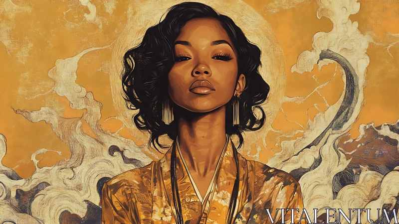 Golden-robed woman amid swirling celestial clouds.