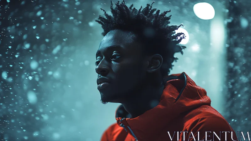 Young man in red jacket standing in falling snow at night.