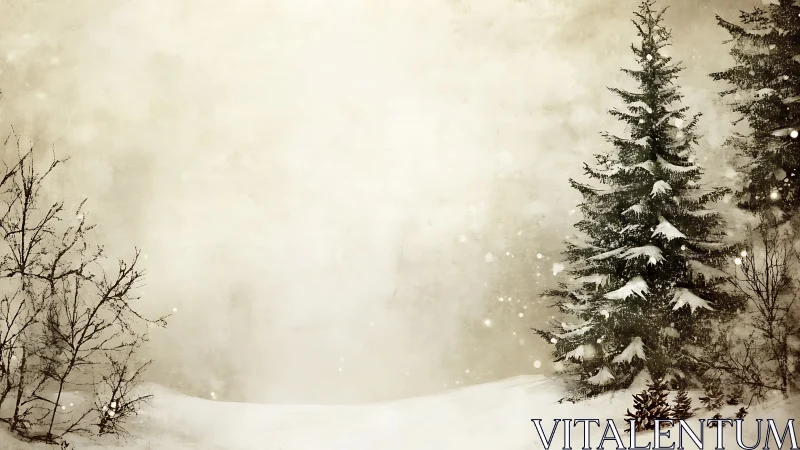 Snow-laden conifer stand against diffuse winter atmosphere.