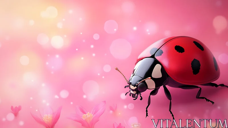 Ladybug rests on glowing pink bokeh flower field background