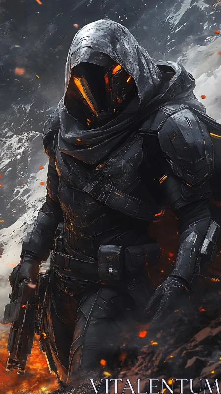 Armored sci fi assassin advances through molten battlefield