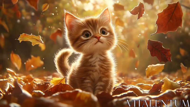 Adorable Kitten Among Falling Autumn Leaves in Golden Light