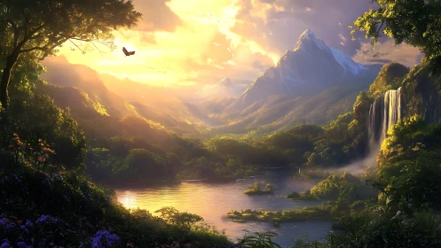 Mountain lake valley with waterfall under low sunlit sky.