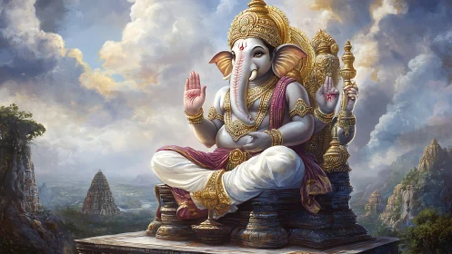 Mountain-throned elephant deity blessing the painted skies.