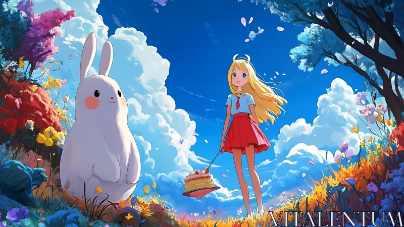 Girl shares cake with giant bunny in a dreamy flower meadow