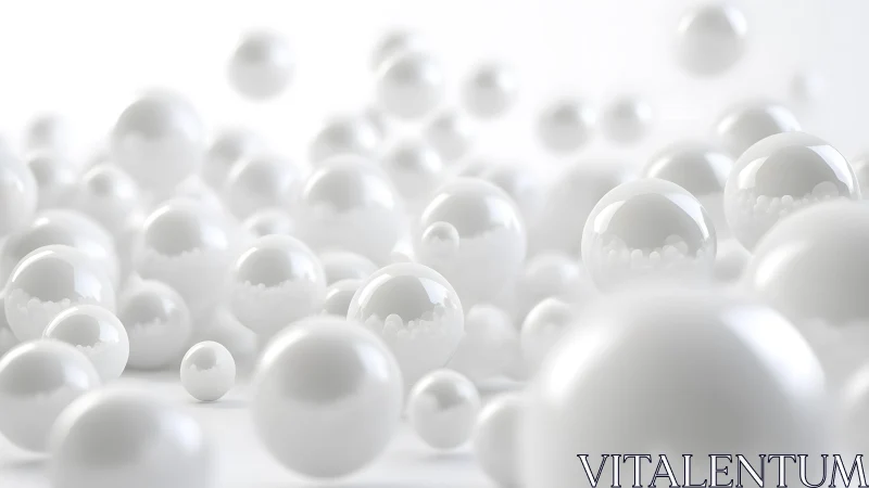 High-key depth-of-field render of glossy white spheres in motion