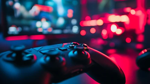 Neon-lit gaming controller in immersive RGB studio glow.