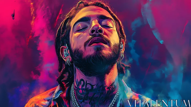 Electric portrait of tattooed singer in neon vapor glow.