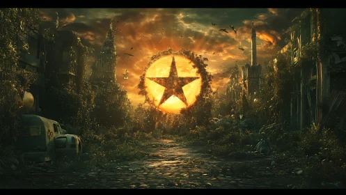Post-apocalyptic avenue with radiant star-shaped sun portal.