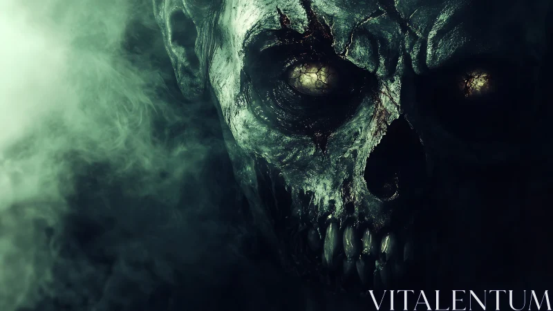 Decayed skull-like creature emerges from dense green smoke