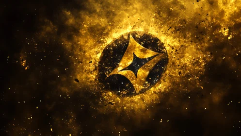 Radiant golden emblem exploding through cosmic dust field.