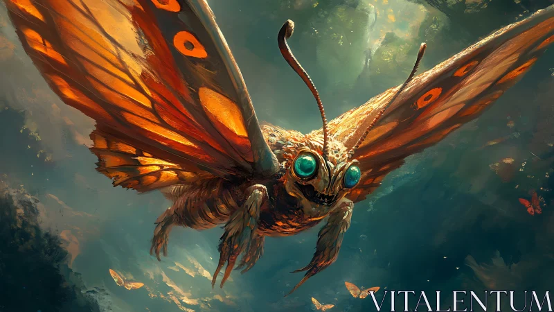 Skyborne moth king slices through dusk with jeweled eyes