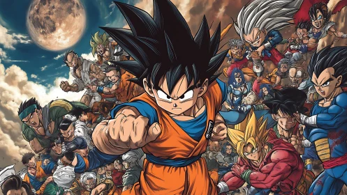 Legendary warriors charge forward under a rising battle moon.