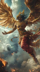 Winged humanoid bird figure hovers amid smoke and fire