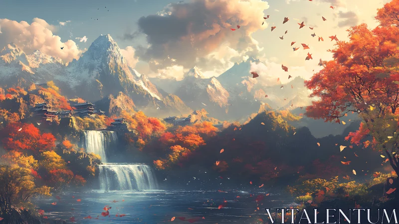 Autumn waterfalls serenade temples beneath storybook peaks