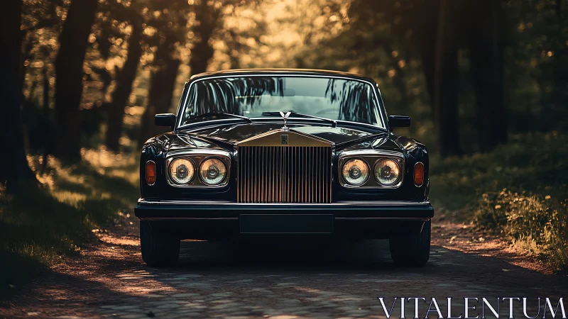Classic luxury sedan glows softly on a sunlit forest road
