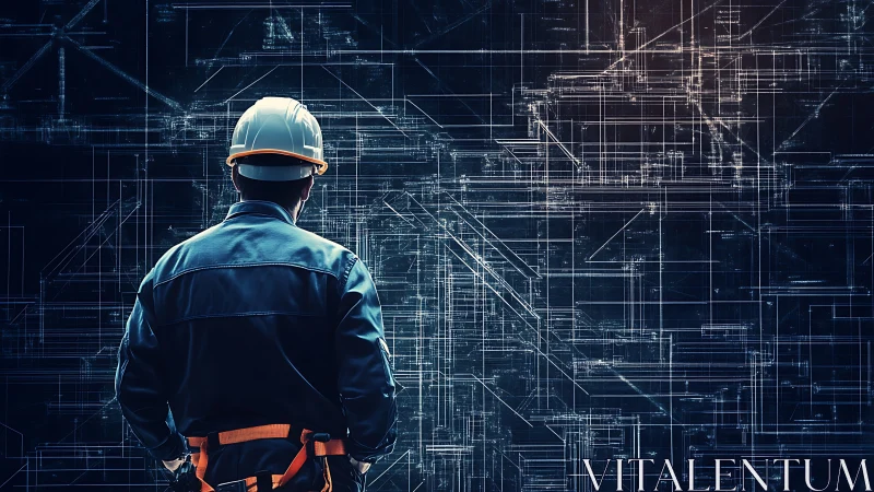 Engineering Vision: Worker Confronts Digital Blueprint Dimensions