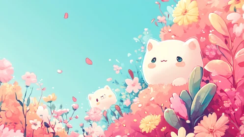 Kawaii Cats Bloom in Floral Paradise Garden.