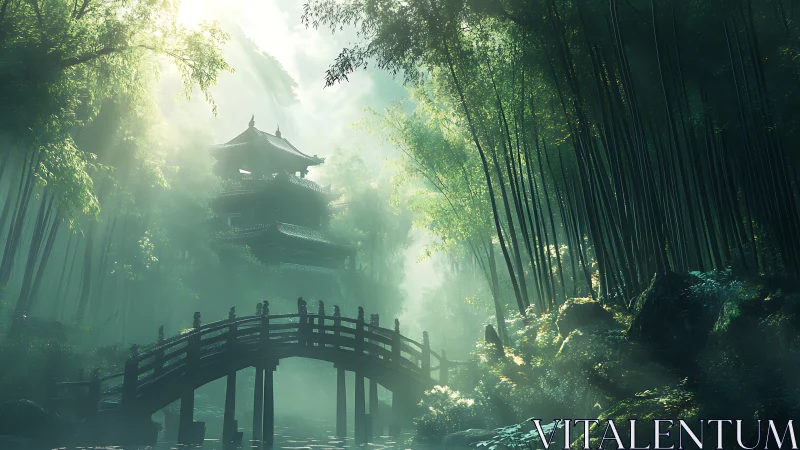 Misty bamboo temple valley with arched wooden bridge at dawn.