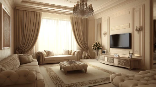 Luxurious beige living room with tufted sofas and TV wall.